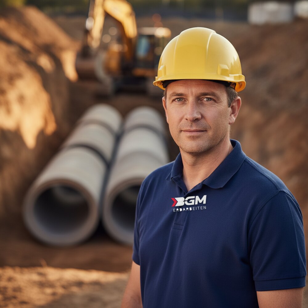 Vorarbeiter von BGM Invest&Bud auf einer Tiefbau-Baustelle vor Kanalrohren
